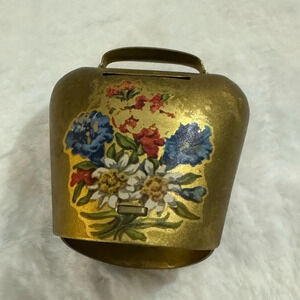 Vintage Brass Bavarian Floral Cowbell Shaped Piggy Coin Bank Cottagecore Rustic